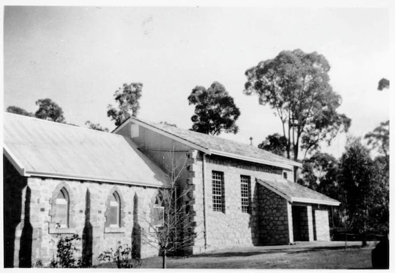 Sacred Heart church, view of the recently completed stone extension to the church, 1958