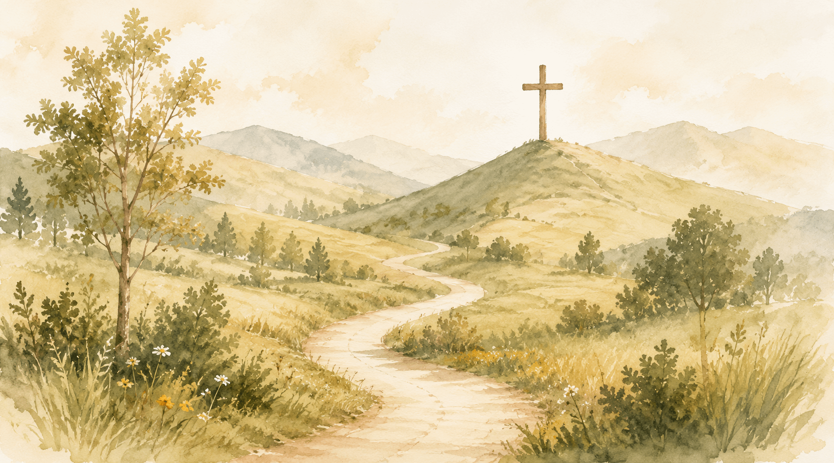 Path leading to a cross on a hill