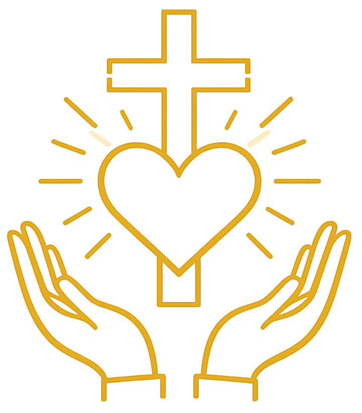 Hands raised in prayer beneath a cross